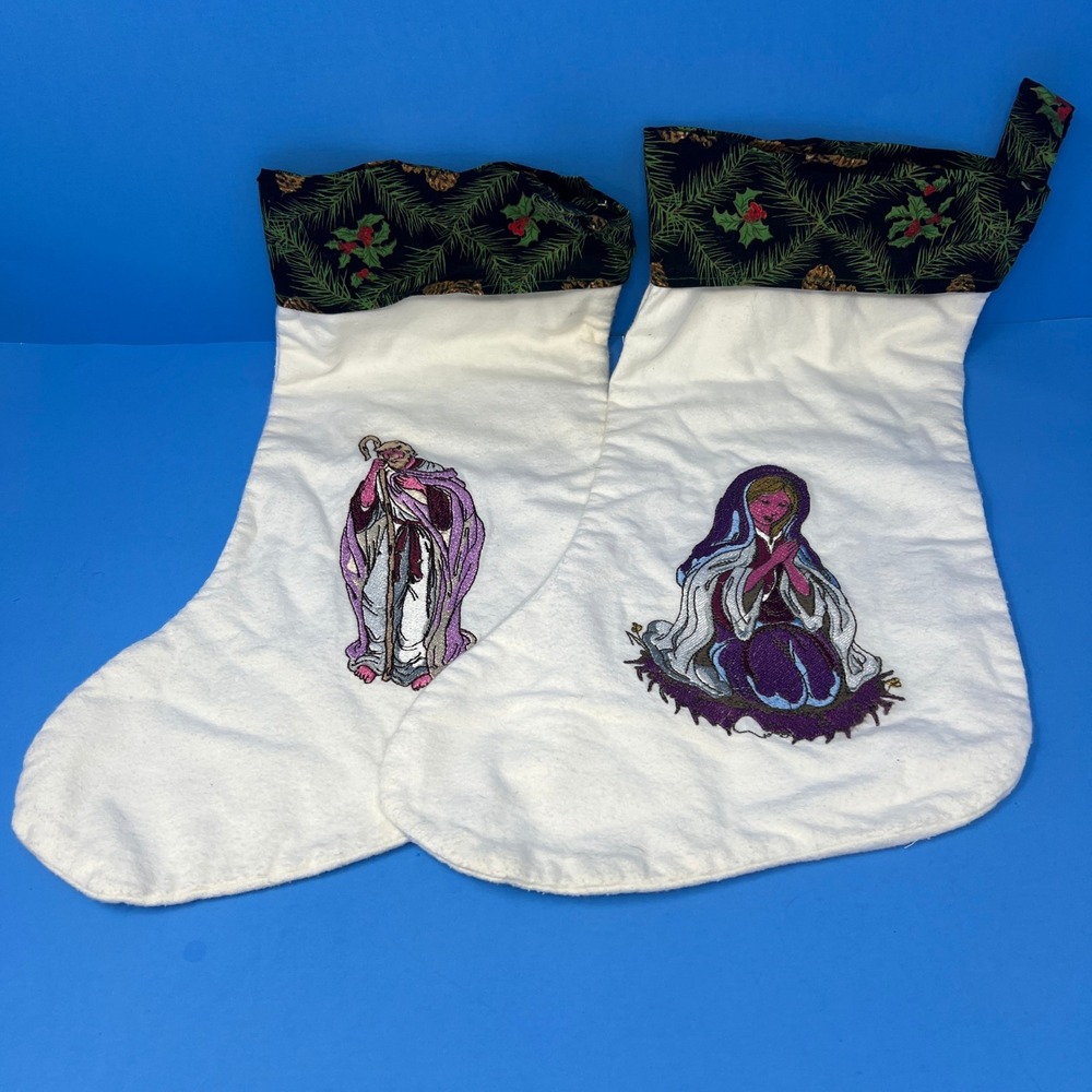 Christmas Stockings White Vintage Mary Joseph Embroidered Nativity Religious Set